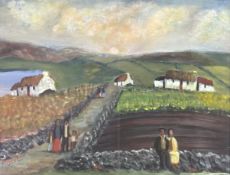 James Bingham (Irish 1925-2009) field scene with families and houses to background, acrylic on