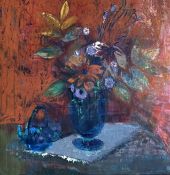 Cynthia Wall Rosehill (1927-2012), Flowers in a Green Glass Vase, acrylic on board, artist details