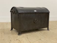 A blacksmith made bronzed wrought metal dome top casket, 20th century, of riveted construction, with