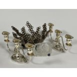 A pair of Epns three branch candelabra, a Dartington crystal glass owl sculpture and a sculptural