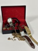 A jewellery box containing a collection of sleeve links, three various gents Seiko wristwatches,