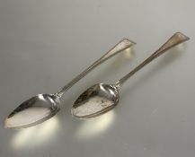 A pair of London George III silver old english thread pattern table spoons, with engraved initial
