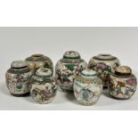 A collection of six various Japanese ginger jars decorated with Samurai fighting scenes, two missing