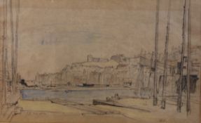 Sir David Young Cameron (Scottish 1865-1945), Dock scene,  pencil sketch with charcoal and wash,