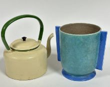 A  large 1930s cream and pea green enamel hob kettle, shows little signs of use and a stylish