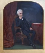 19thc Portrait of a seated gentleman, in black top coat and britches, watercolour on board, unsigned