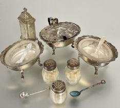 A Birmingham three piece part condiment set comprising a oval mustard with liner and a pair of
