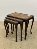 A figured walnut, king wood and floral marquetry nest of three tables, each top, of serpentine