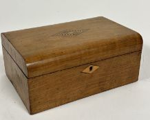 A Victorian walnut inlaid work box with fitted interior with a collection of sewing related