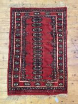 A hand knotted Afghan / Turkmen bokhara rug, the red field with single row of guls and bordered