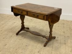 A reproduction figured walnut sofa table of small proportions, with cross banded top having drop