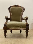 A Victorian Aesthetic movement open armchair, the show frame carved with bull eye roundels above