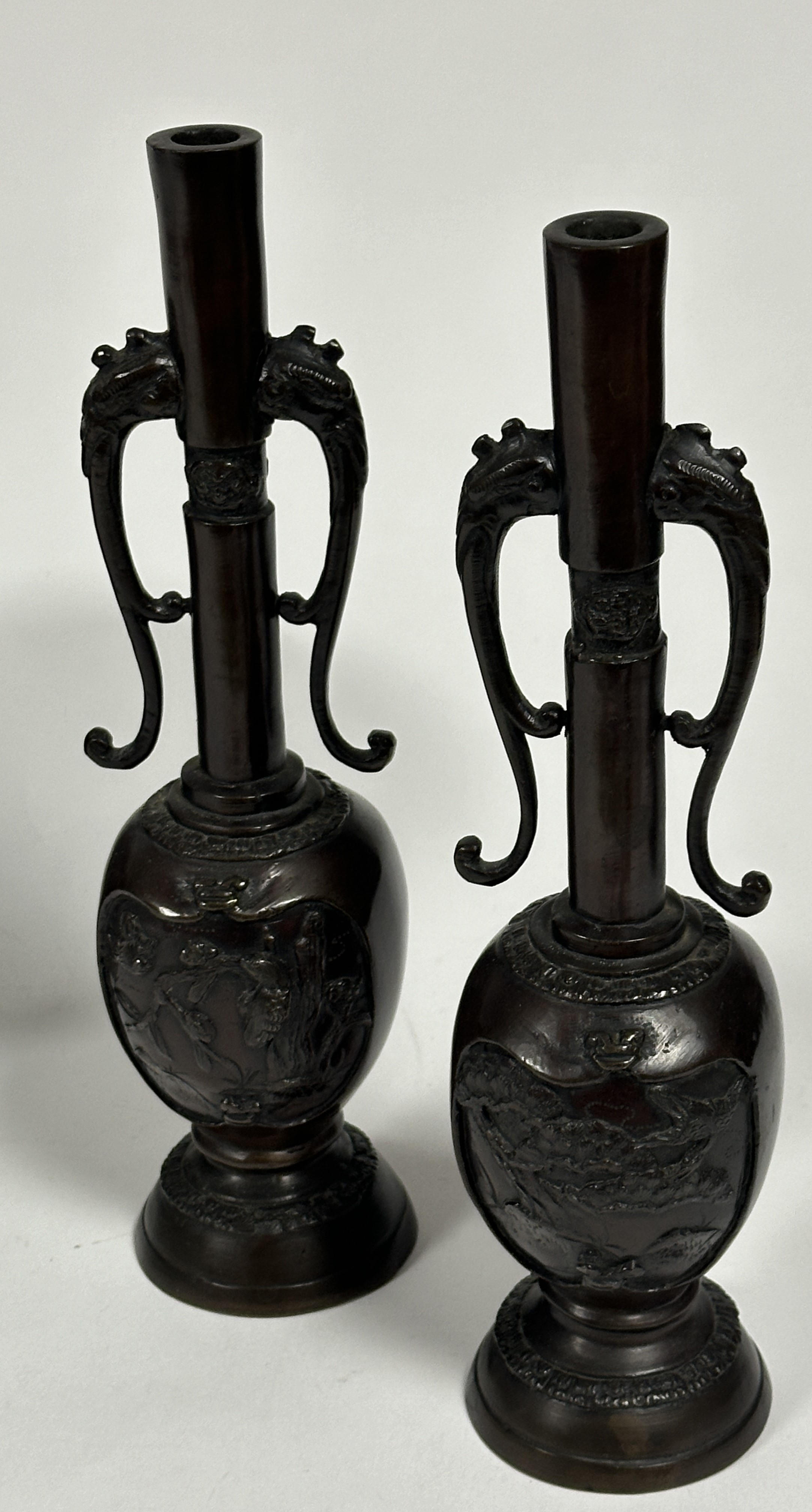 A Japanese patinated bronze jardiniere of paneled tapered design with cast bird and floral - Image 3 of 5
