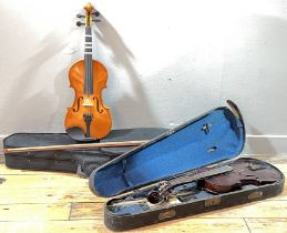A modern full size violin in a hard carry case and complete with bow, together with another full