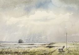Grawie, St Andrews seascape/ golf course scene, watercolour, pencil and acrylic on paper, signed