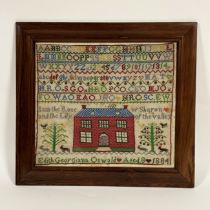 A 19th century needlework sampler, worked in coloured threads with a house, verse, bands of alphabet