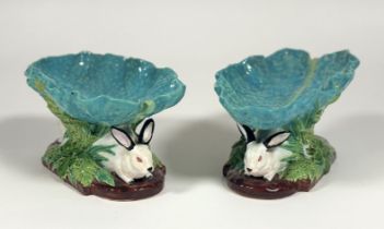 A rare pair of Minton Majolica Lettuce Leaf and Rabbits comports,