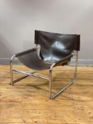 Rodney Kinsman, OMK for Habitat, a T1 sling chair, the brown leather seat and back on a chrome