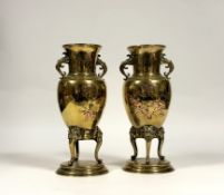 A pair of Japanese bronze and mixed metals vases, Meiji period, c. 1900
