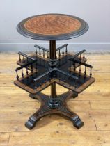 An Aesthetic Period amboyna and ebonised book table, circa 1870's, the circular top with incised