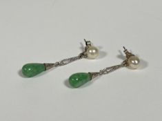 A pair of Chinese jadeite and cultured pearl drop earrings