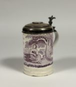 An English pearlware puce-printed tankard, c. 1800, with coin-inset white metal hinged cover