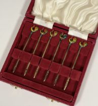 A cased set of six enamelled silver cockerel cocktail sticks, Adie Brothers Ltd., Birmingham 1957