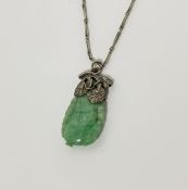 A Chinese jadeite pendant, the bright celadon drop carved as a gourd