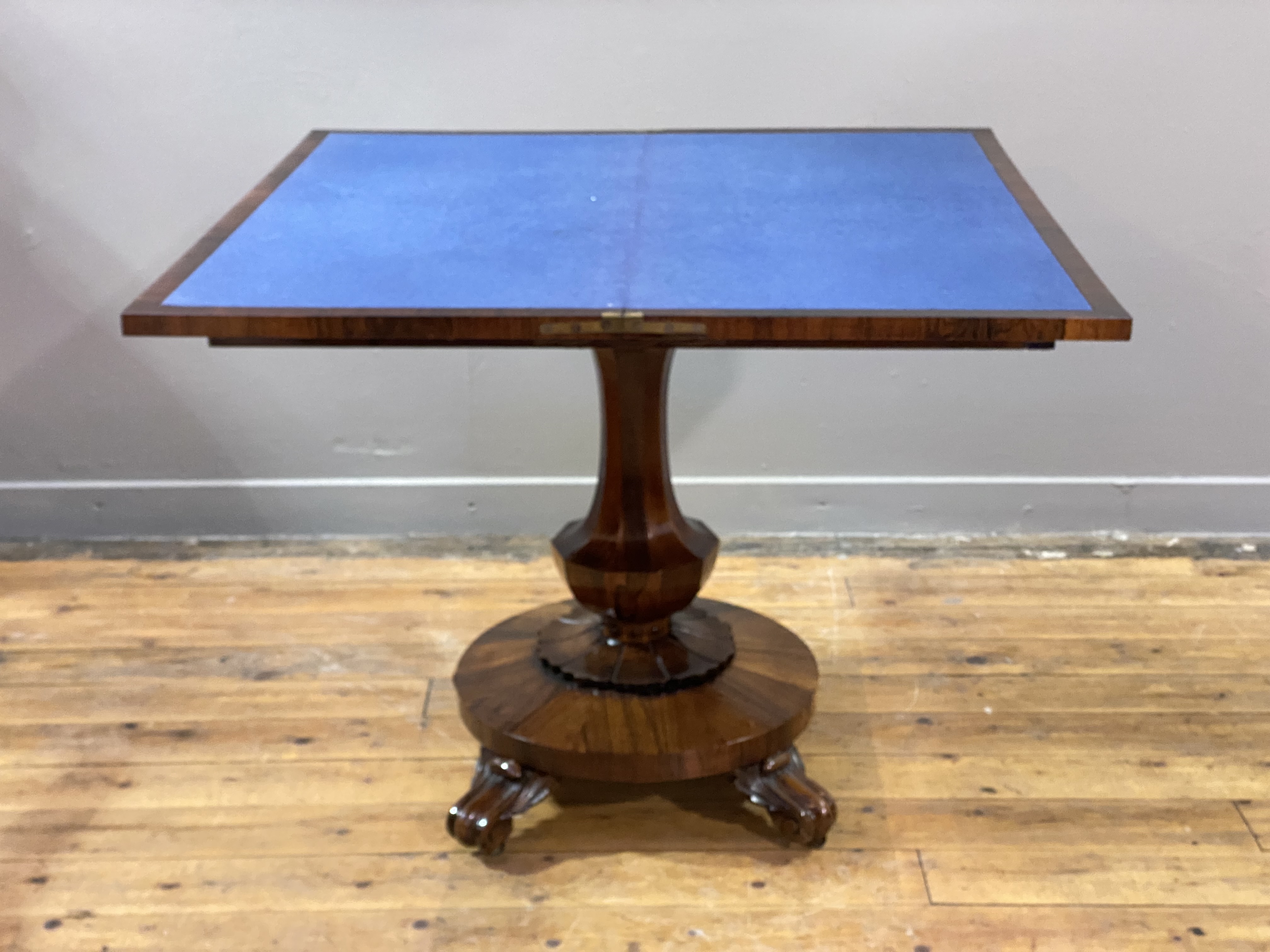 A rosewood card table, second quarter of the 19th century, the foldover and revolving top opening to - Image 3 of 3