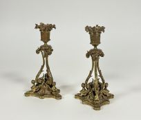 A pair of 19th century gilt-bronze candlesticks, each with basket-form candle cup with floral rim on