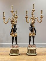 A pair of parcel-gilt figural four-light candelabra table lamps in the Venetian taste