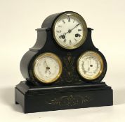 A Victorian slate drum head mantel clock with integrated aneroid barometer and thermometer, the