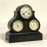 A Victorian slate drum head mantel clock with integrated aneroid barometer and thermometer, the