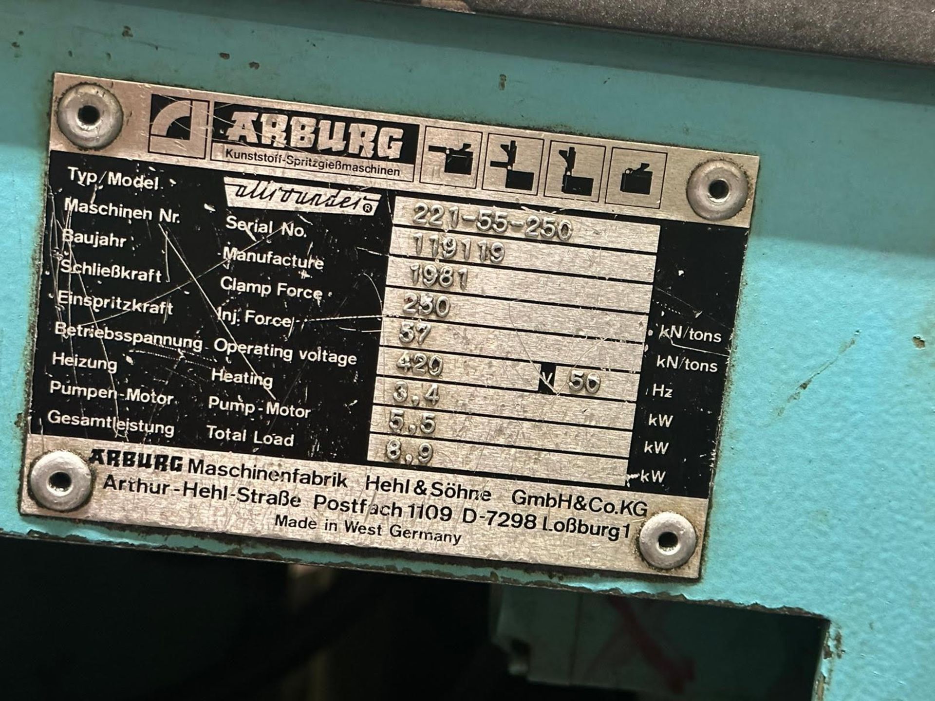 Arburg 221.55.250 injection moulding machine to include UTAC water/tool heater - Image 8 of 11