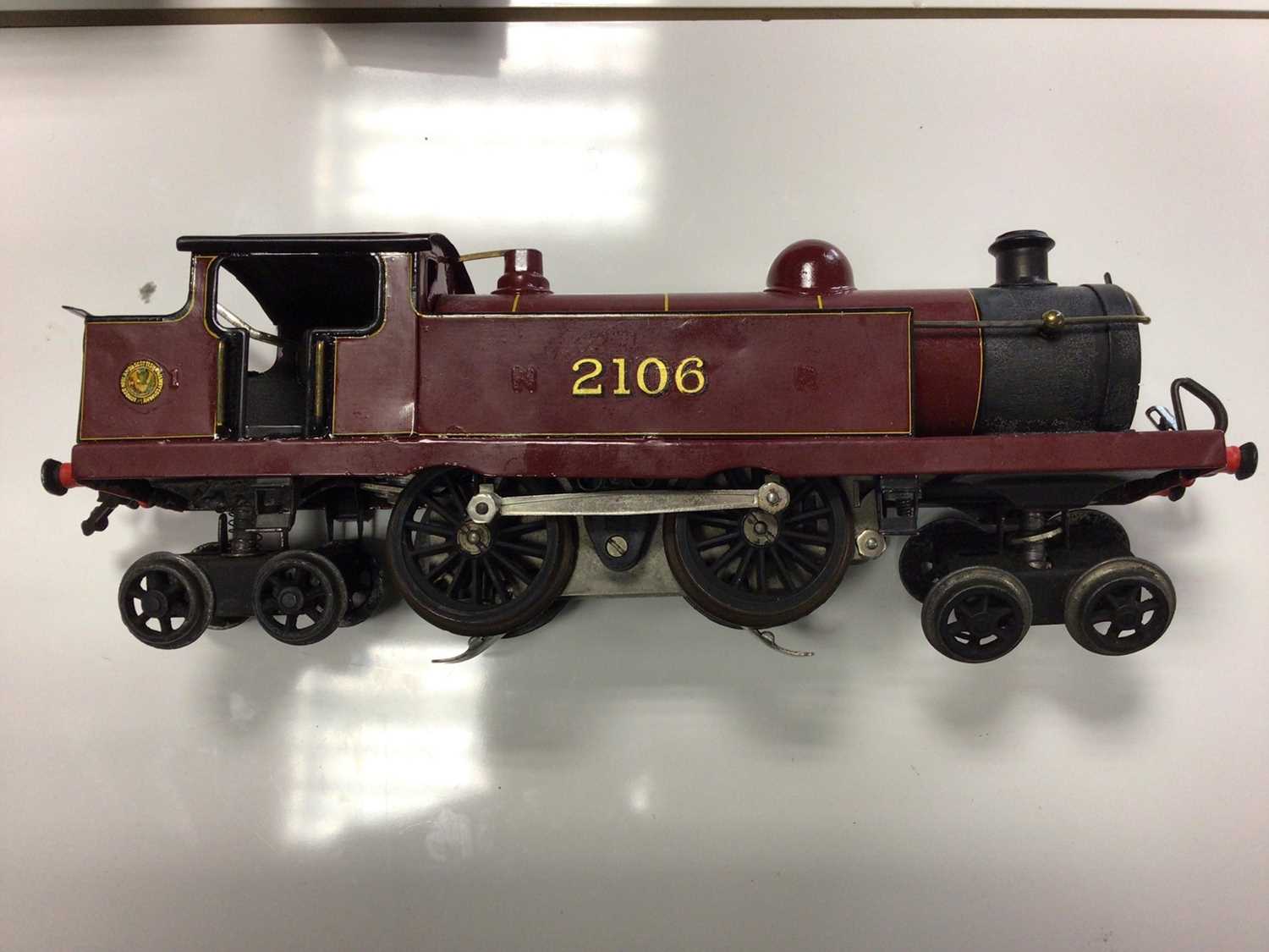 Railway O gauge LMS maroon (repainted) 3 rail 4-4-4 locomotive 2106, GW green tender, Southern green