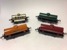 |Railway O gauge tin plate Pratts (x2), Esso and Shell tank wagons, LMS fish van & wagon, two tender