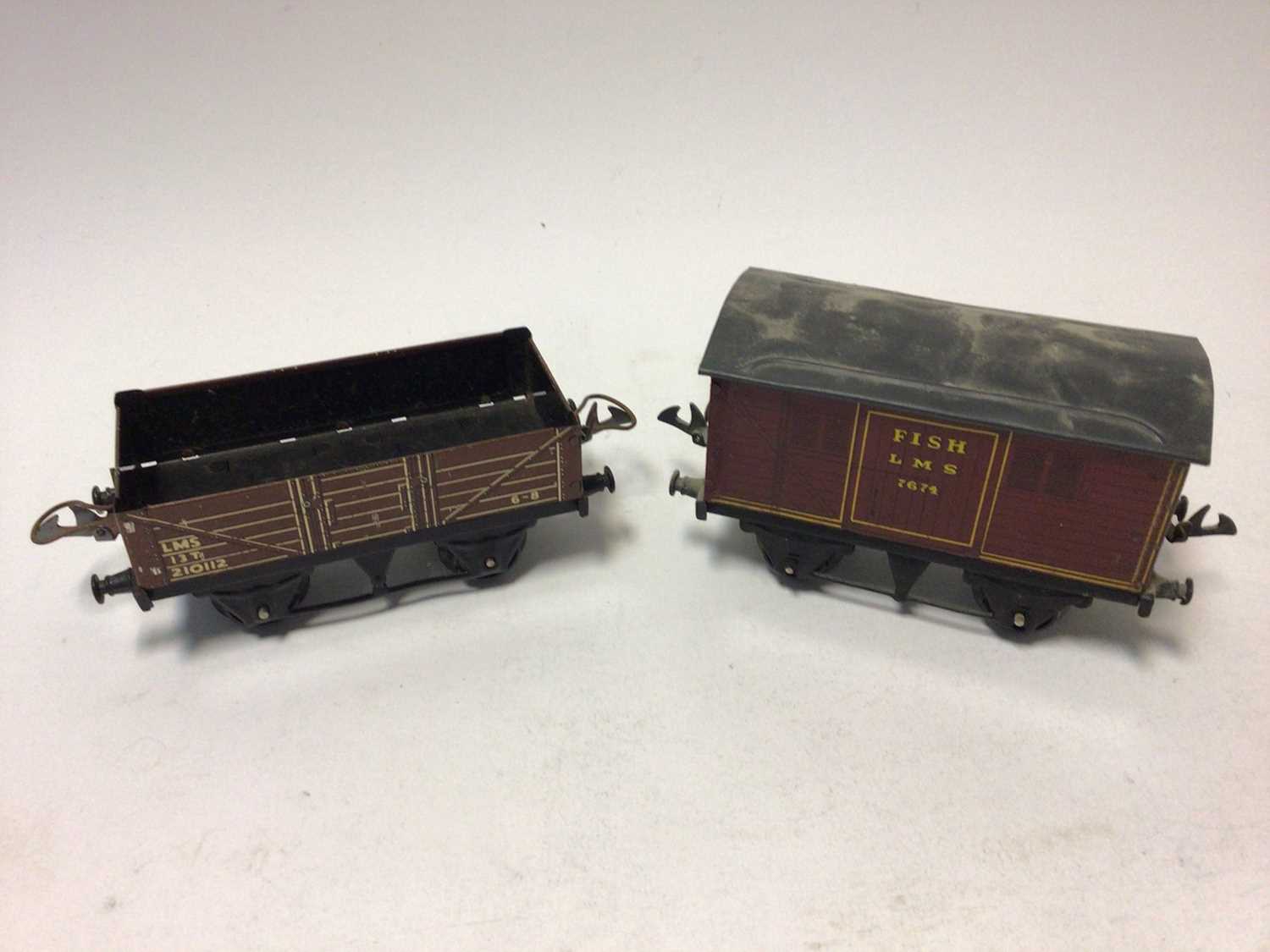 |Railway O gauge tin plate Pratts (x2), Esso and Shell tank wagons, LMS fish van & wagon, two tender - Image 2 of 5