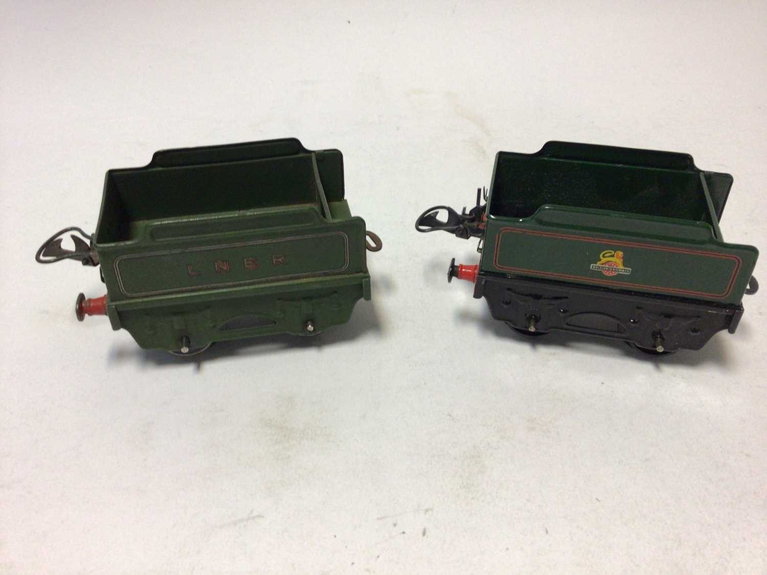 |Railway O gauge tin plate Pratts (x2), Esso and Shell tank wagons, LMS fish van & wagon, two tender - Image 3 of 5