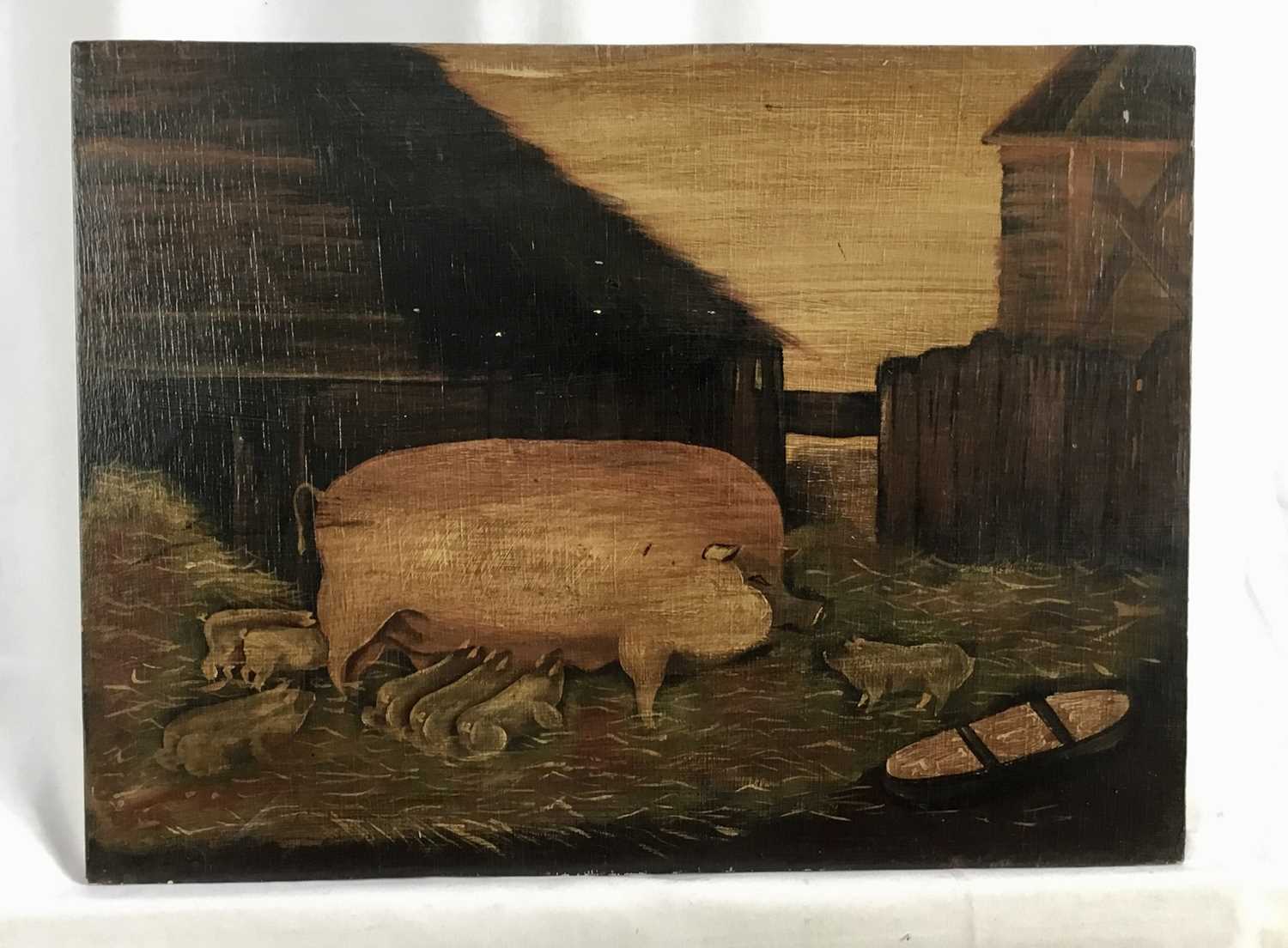 English School early 20th century, naive oil on panel of a prize sow and her piglets, 33 x 44cm, unf - Image 2 of 3
