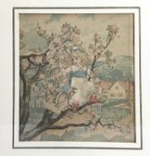 Early 20th century watercolour - girl picking blossom, 15cm x 13cm, framed