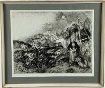 Gabriel White (1902-1988) etching, Womam with turkey in Spanish landscape, 39.5 x 49.5cm, framed