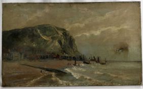 English naive school, late 19th century - 'On the South Coast', Hastings, inscribed verso, 51cm x 31