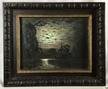 Manner of Louis Douzette (1834-1924) oil on board in glazed oak frame - moonlit river scene, bearing