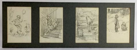 After Shepherd - four Winnie-the-Pooh pencil drawings, each 14.5cm x 9.5cm, mounted, unframed