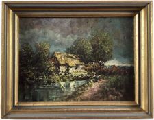 Impasto oil on board, landscape with figures beside stream and thatched cottage. Gilt frame