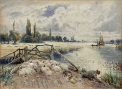 John Henry Mole (1814-1886) watercolour - sheep at a bridge, signed, 11 x 14.5cm, mounted in glazed