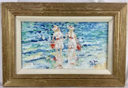 English school, Contemporary oil on board - children at the seaside, signed Foster, 17 x 31cm, frame