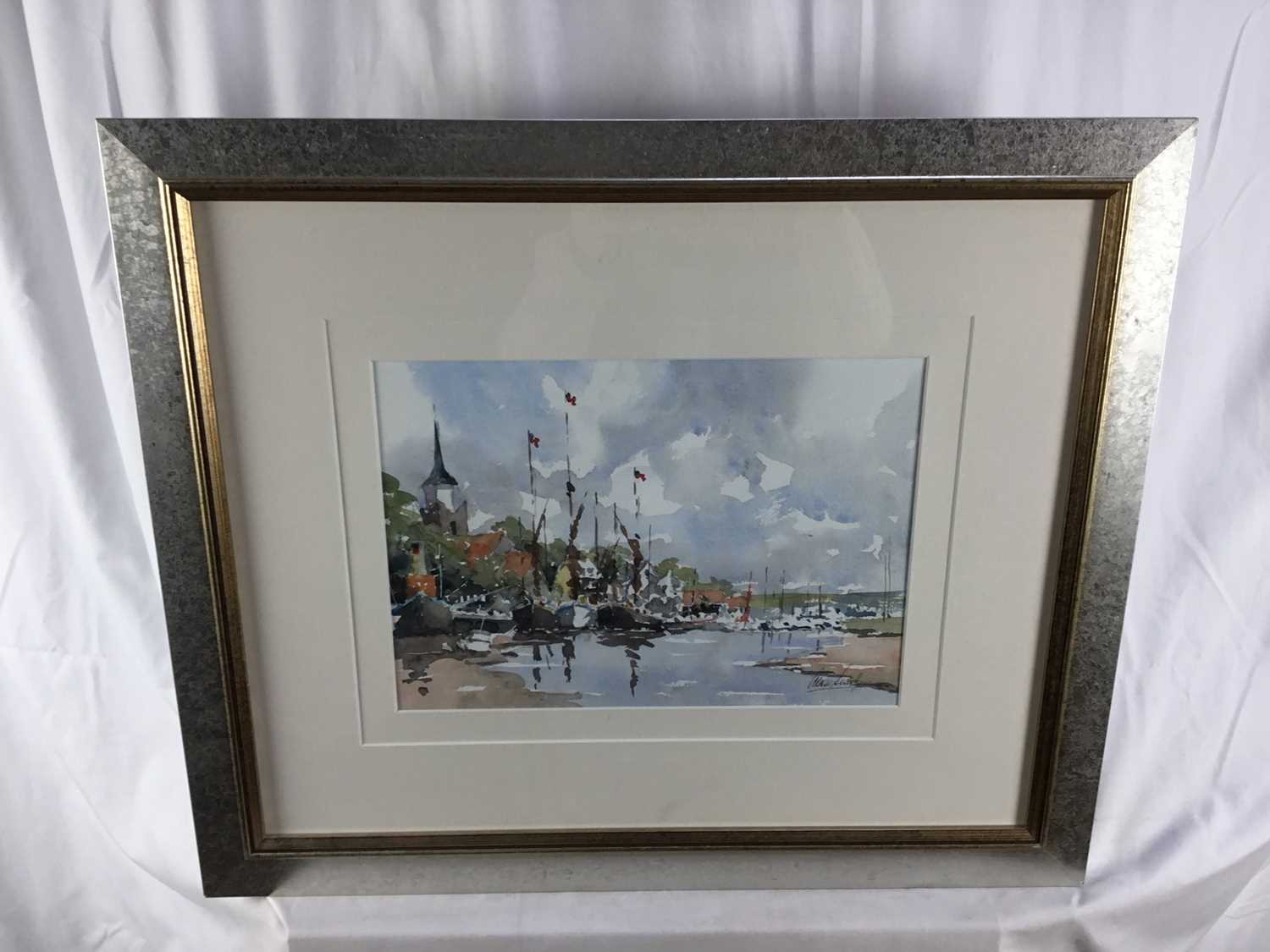 Alan Smith (b.1941) watercolour - quayside (probably Maldon) with moored Thames barges, signed, 35cm - Image 2 of 4