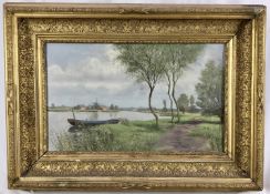 19th century Impressionist style oil indistinctly signed, landscape with boat on a river, 27.5cm x