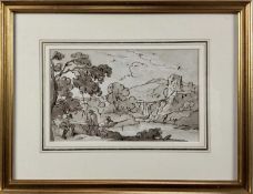 English School, early 19th century sketch, fishing in a landscape, in glazed gilt frame, 11 x 18cm (